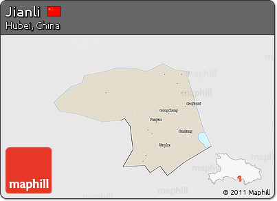 Shaded Relief Panoramic Map of Jianli, single color outside
