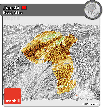 Physical 3D Map of Jianshi, lighten, desaturated