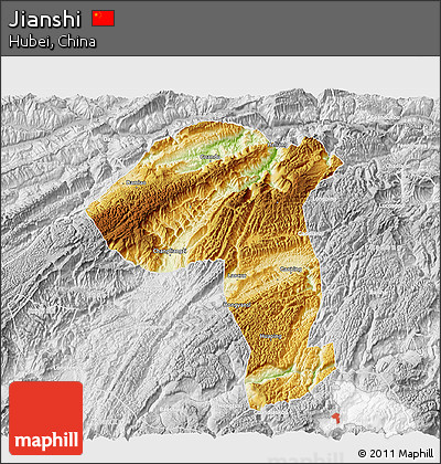 Physical 3D Map of Jianshi, lighten, desaturated