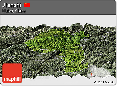 Satellite Panoramic Map of Jianshi, semi-desaturated