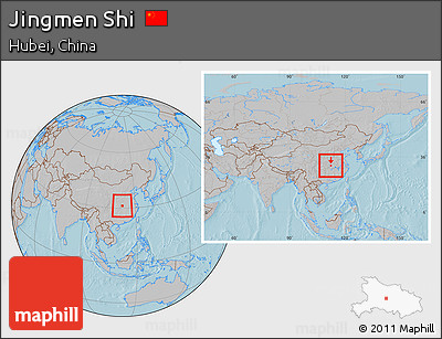 Gray Location Map of Jingmen Shi, within the entire country, hill shading