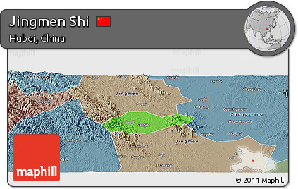 Political Panoramic Map of Jingmen Shi, semi-desaturated