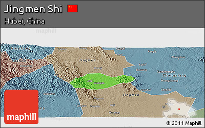 Political Panoramic Map of Jingmen Shi, semi-desaturated