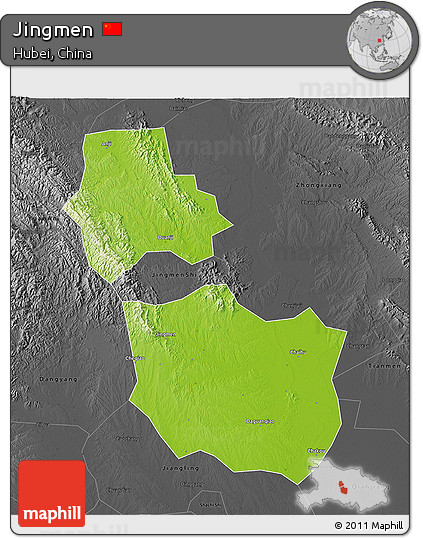 Physical 3D Map of Jingmen, darken, desaturated