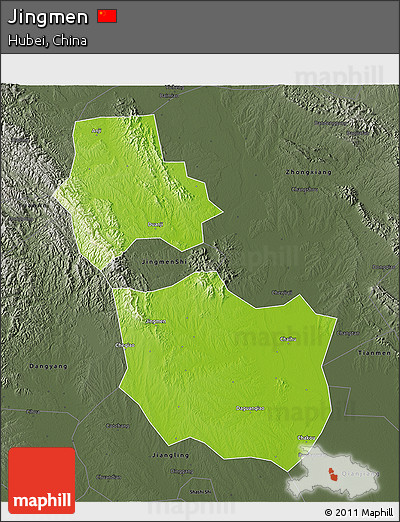 Physical 3D Map of Jingmen, darken, semi-desaturated