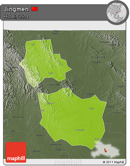 Physical 3D Map of Jingmen, darken, semi-desaturated
