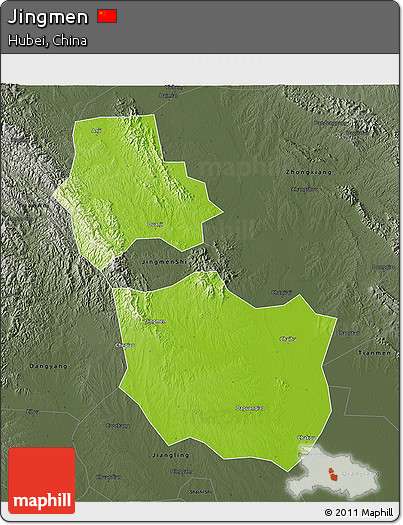 Physical 3D Map of Jingmen, darken, semi-desaturated