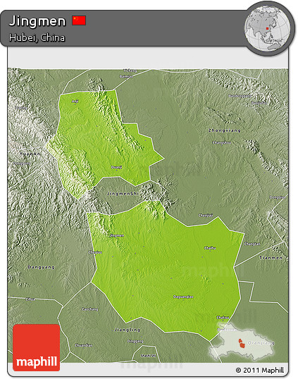 Physical 3D Map of Jingmen, semi-desaturated