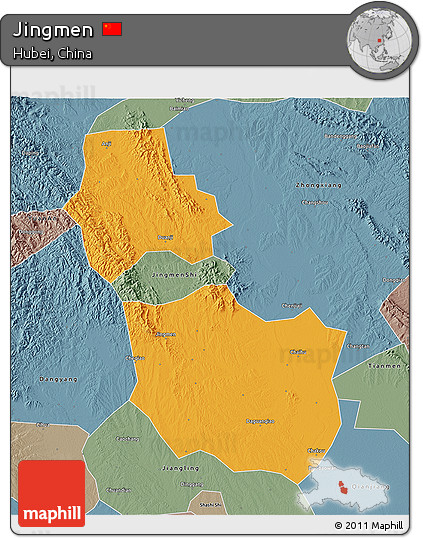 Political 3D Map of Jingmen, semi-desaturated