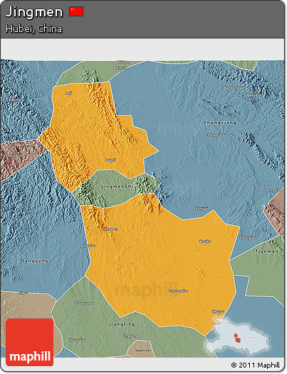 Political 3D Map of Jingmen, semi-desaturated