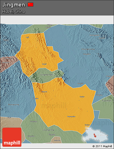 Political 3D Map of Jingmen, semi-desaturated