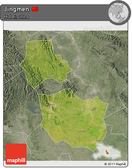Satellite 3D Map of Jingmen, semi-desaturated