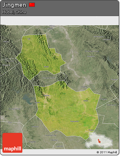 Satellite 3D Map of Jingmen, semi-desaturated