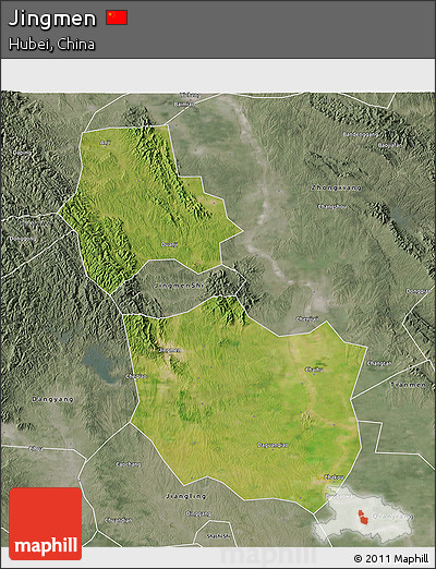 Satellite 3D Map of Jingmen, semi-desaturated