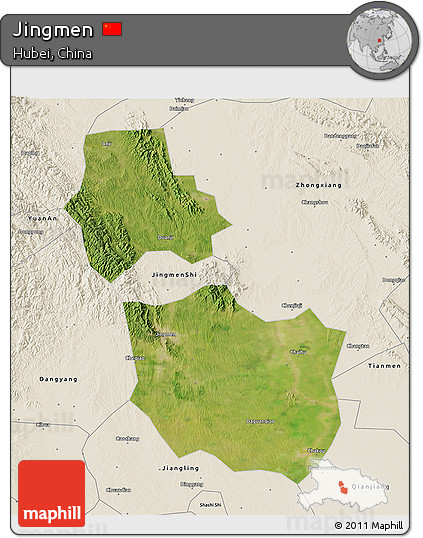 Satellite 3D Map of Jingmen, shaded relief outside