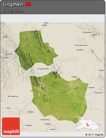 Satellite 3D Map of Jingmen, shaded relief outside