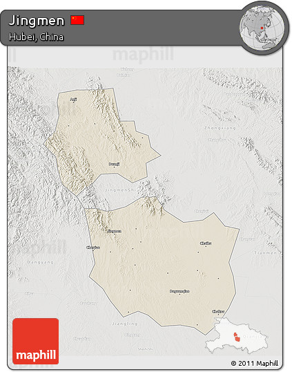 Shaded Relief 3D Map of Jingmen, lighten, semi-desaturated