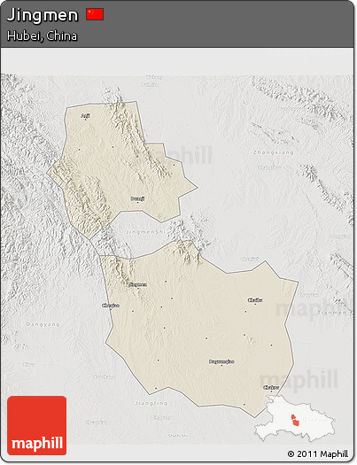 Shaded Relief 3D Map of Jingmen, lighten, semi-desaturated