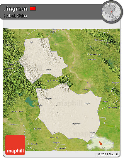 Shaded Relief 3D Map of Jingmen, satellite outside