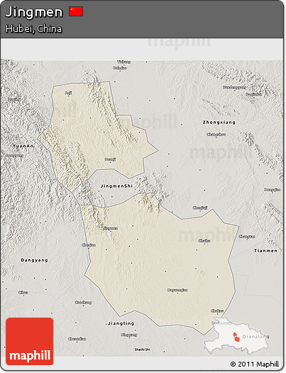 Shaded Relief 3D Map of Jingmen, semi-desaturated