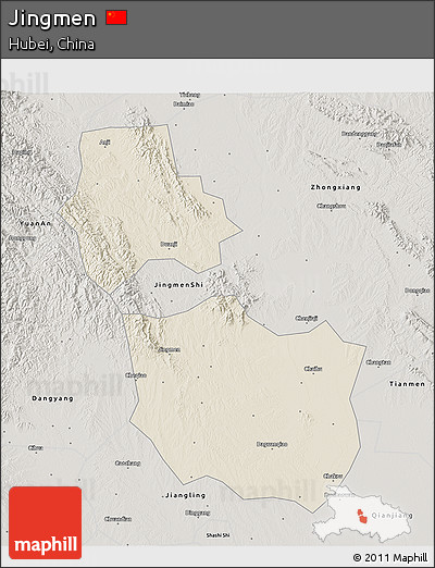 Shaded Relief 3D Map of Jingmen, semi-desaturated