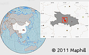 Gray Location Map of Jingmen, highlighted country, highlighted parent region, hill shading