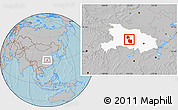 Gray Location Map of Jingmen, highlighted parent region, hill shading