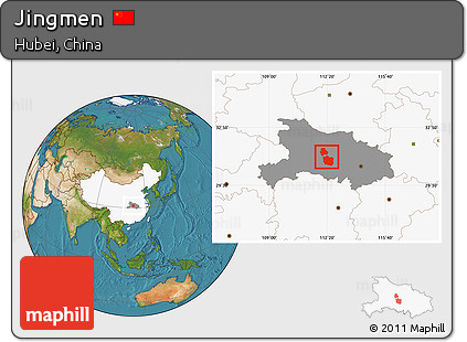 Satellite Location Map of Jingmen, highlighted country, highlighted parent region