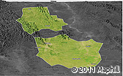 Satellite Panoramic Map of Jingmen, darken, desaturated