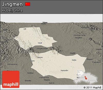 Shaded Relief Panoramic Map of Jingmen, darken