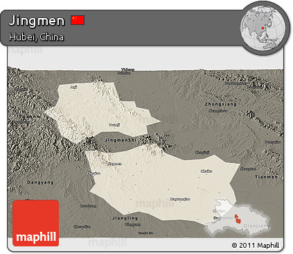 Shaded Relief Panoramic Map of Jingmen, darken