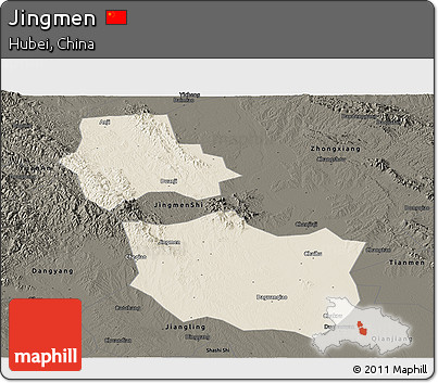 Shaded Relief Panoramic Map of Jingmen, darken