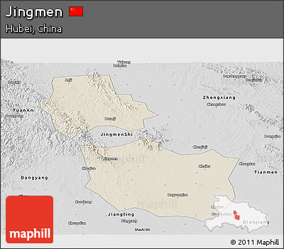 Shaded Relief Panoramic Map of Jingmen, desaturated
