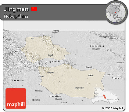 Shaded Relief Panoramic Map of Jingmen, desaturated