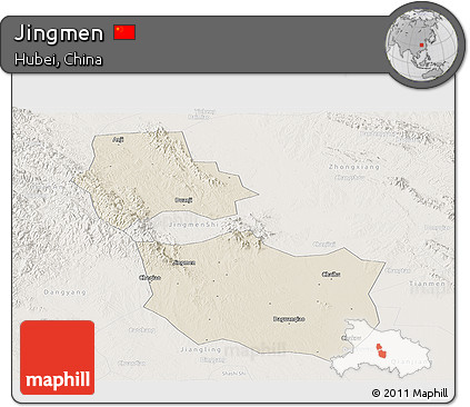 Shaded Relief Panoramic Map of Jingmen, lighten