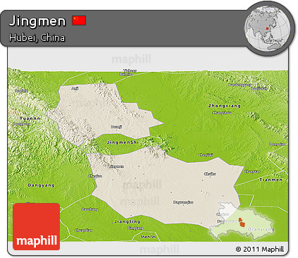 Shaded Relief Panoramic Map of Jingmen, physical outside