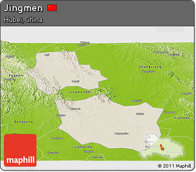 Shaded Relief Panoramic Map of Jingmen, physical outside