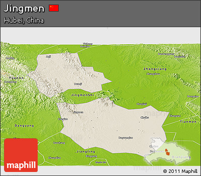 Shaded Relief Panoramic Map of Jingmen, physical outside