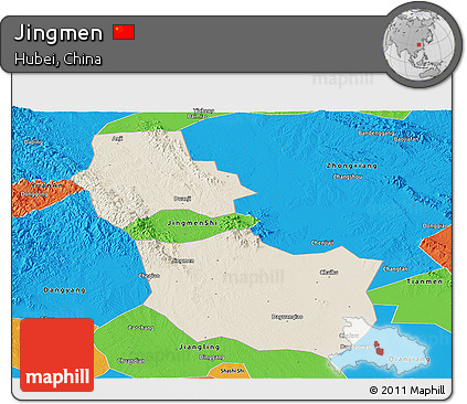 Shaded Relief Panoramic Map of Jingmen, political outside
