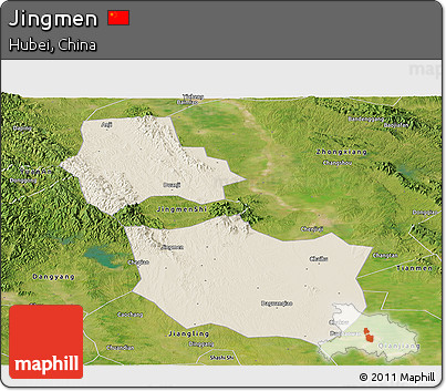 Shaded Relief Panoramic Map of Jingmen, satellite outside