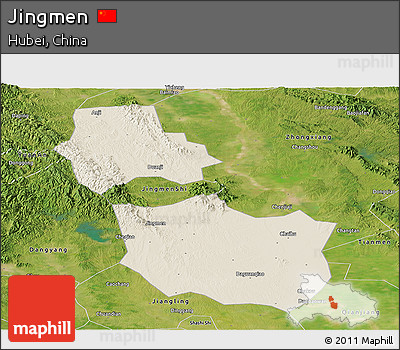 Shaded Relief Panoramic Map of Jingmen, satellite outside