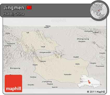 Shaded Relief Panoramic Map of Jingmen, semi-desaturated