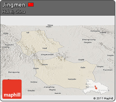 Shaded Relief Panoramic Map of Jingmen, semi-desaturated