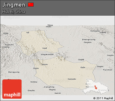 Shaded Relief Panoramic Map of Jingmen, semi-desaturated