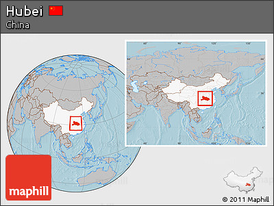 Gray Location Map of Hubei, highlighted country, within the entire country, hill shading