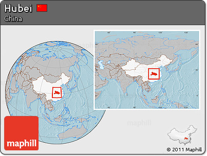 Gray Location Map of Hubei, highlighted country, within the entire country, hill shading