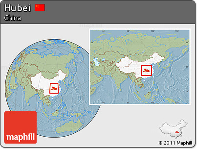 Savanna Style Location Map of Hubei, highlighted country, within the entire country, hill shading