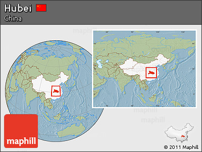 Savanna Style Location Map of Hubei, highlighted country, within the entire country, hill shading