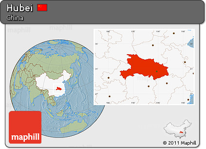 Savanna Style Location Map of Hubei, highlighted country, hill shading