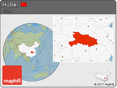 Savanna Style Location Map of Hubei, highlighted country, hill shading